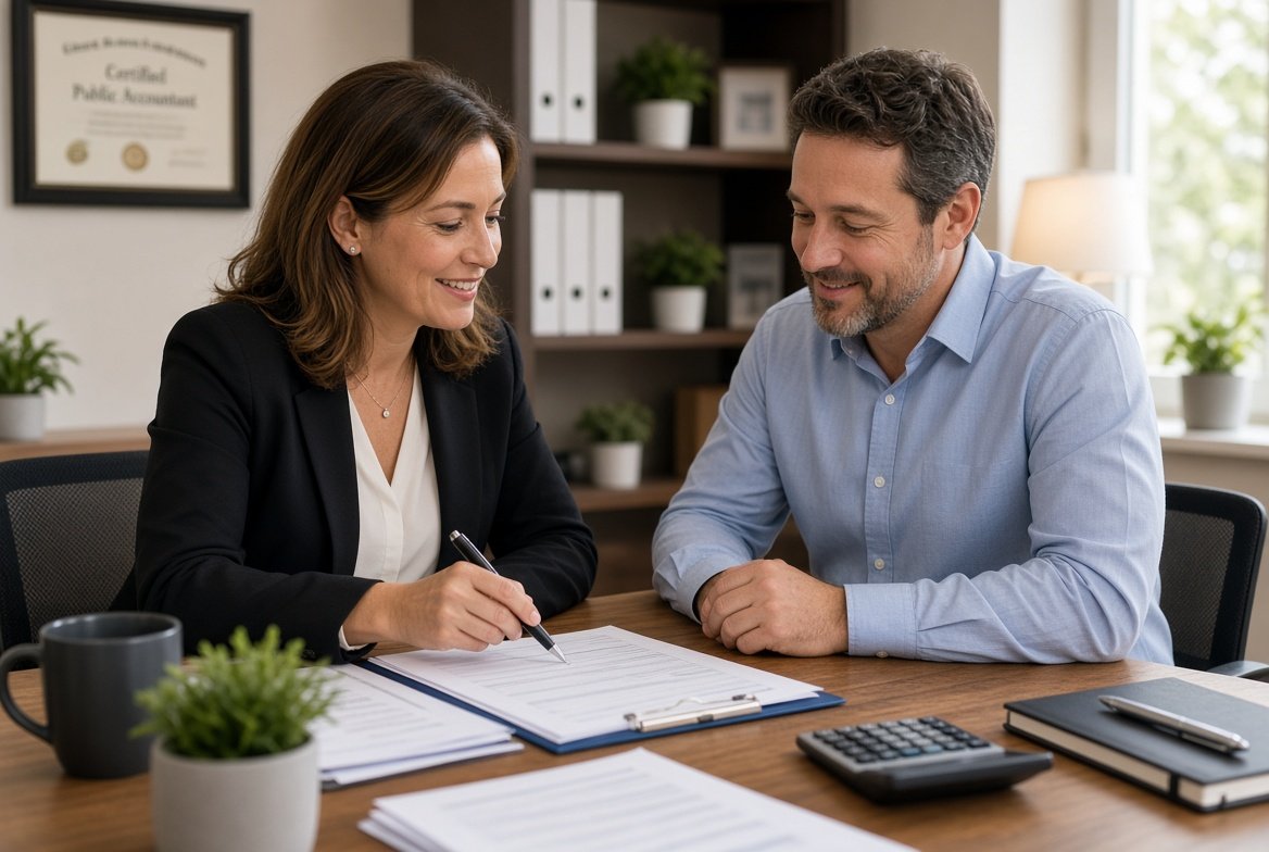 A CPA and a client going through a return together across an office desk