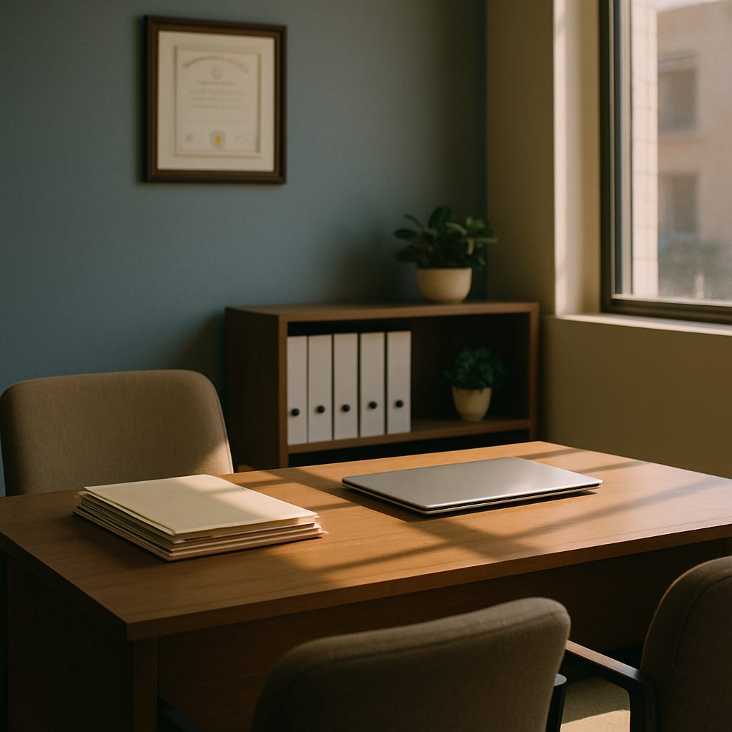 A small tax office: a desk with document folders, client chairs, labelled binders and a framed certificate