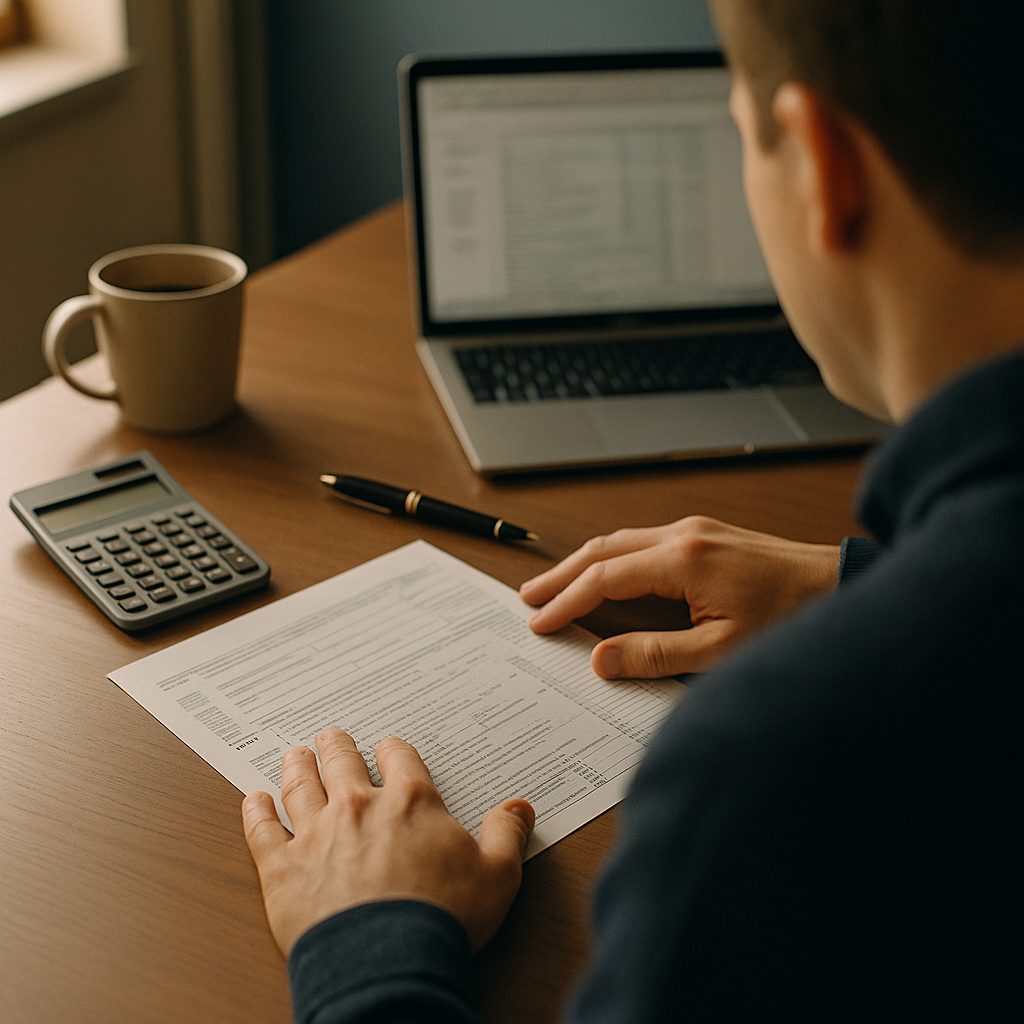 A paper tax return, calculator and pen on a preparer&rsquo;s desk, seen over the shoulder