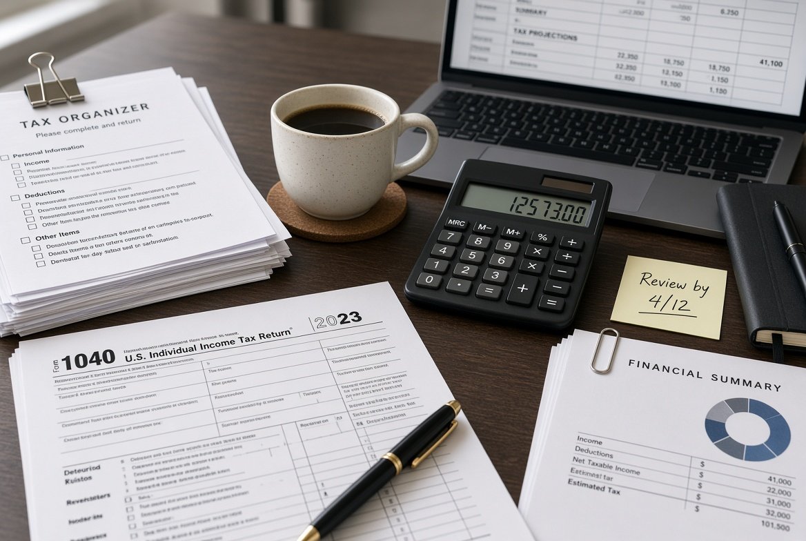 A Form 1040, tax organizer, calculator and financial summary laid out on a preparer&rsquo;s desk